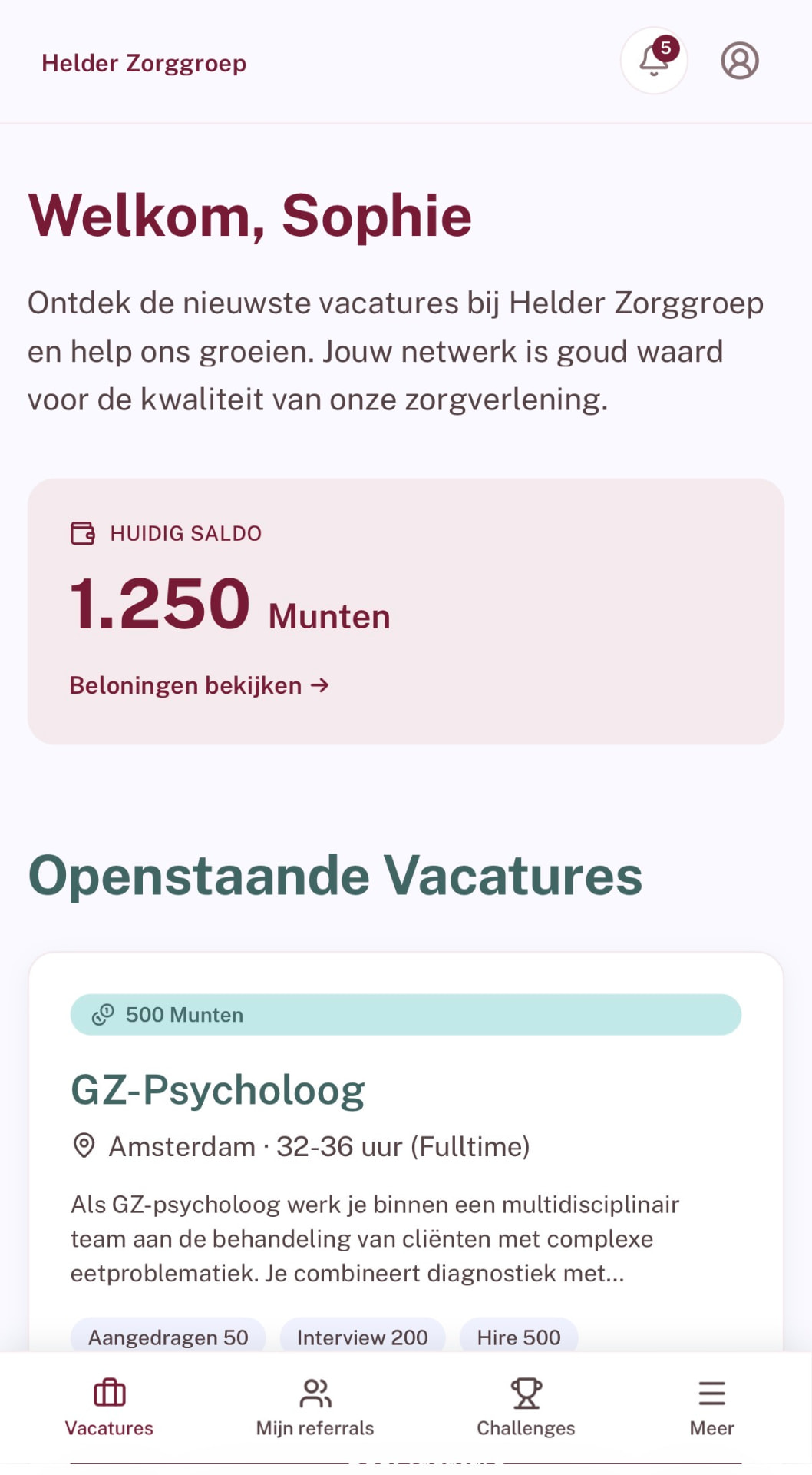 Talix app op mobiel met vacatures, muntensaldo en navigatiebalk