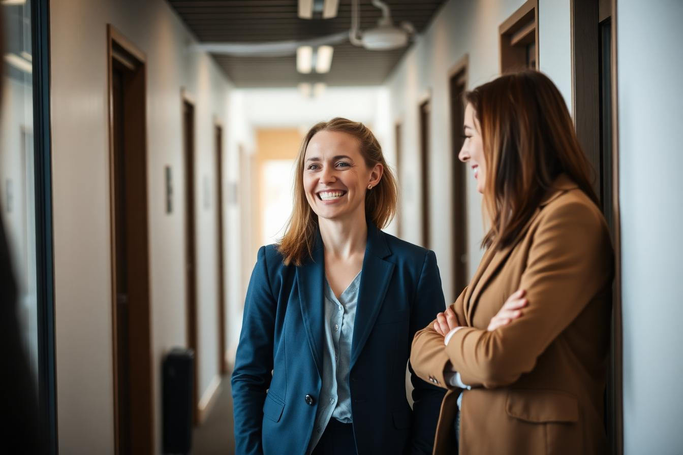 Twee collega's praten in de gang over een openstaande vacature