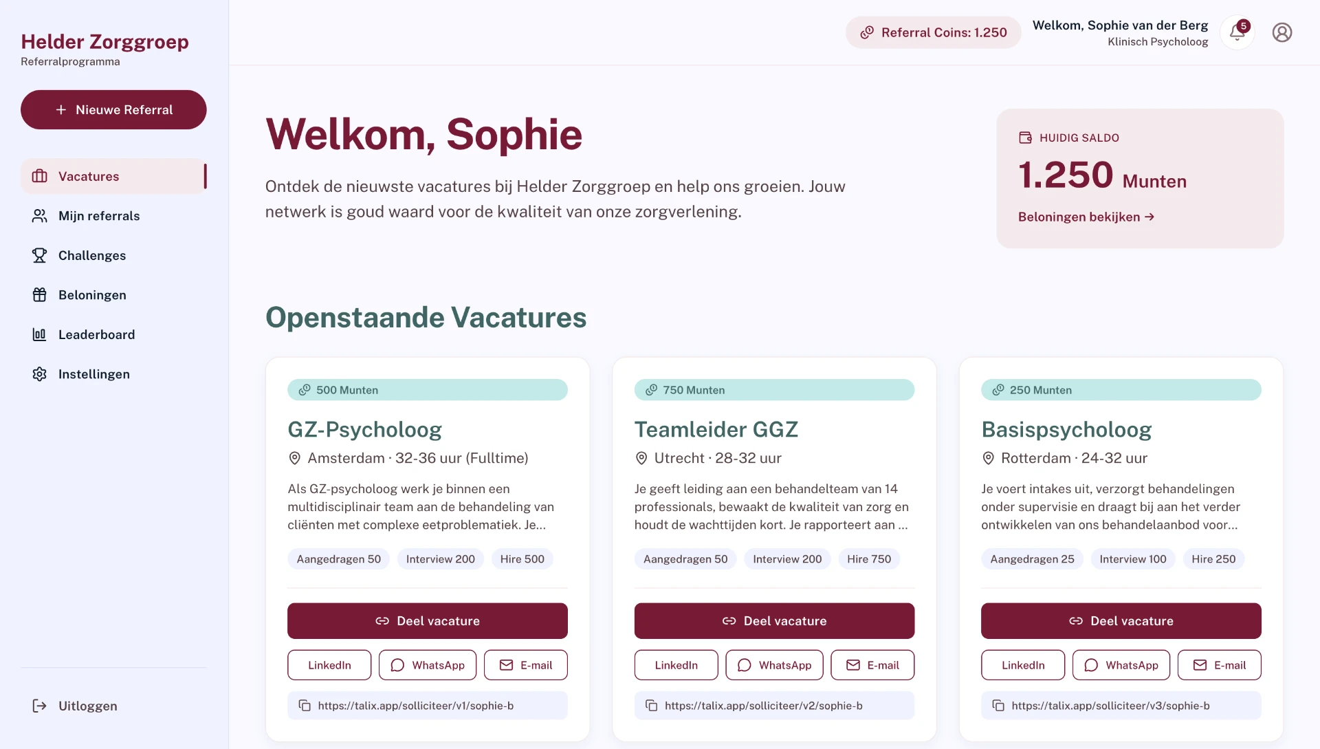 Talix medewerkersdashboard met openstaande vacatures, muntensaldo en deel-links
