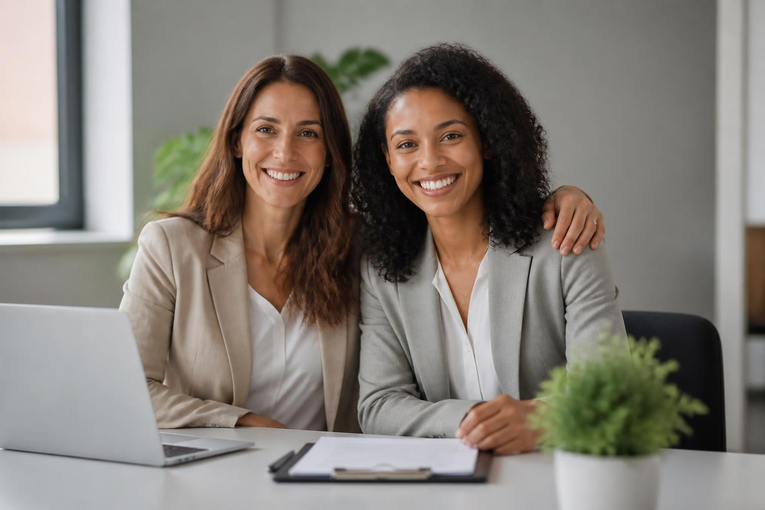 Twee collega's achter een laptop bekijken samen het referralprogramma